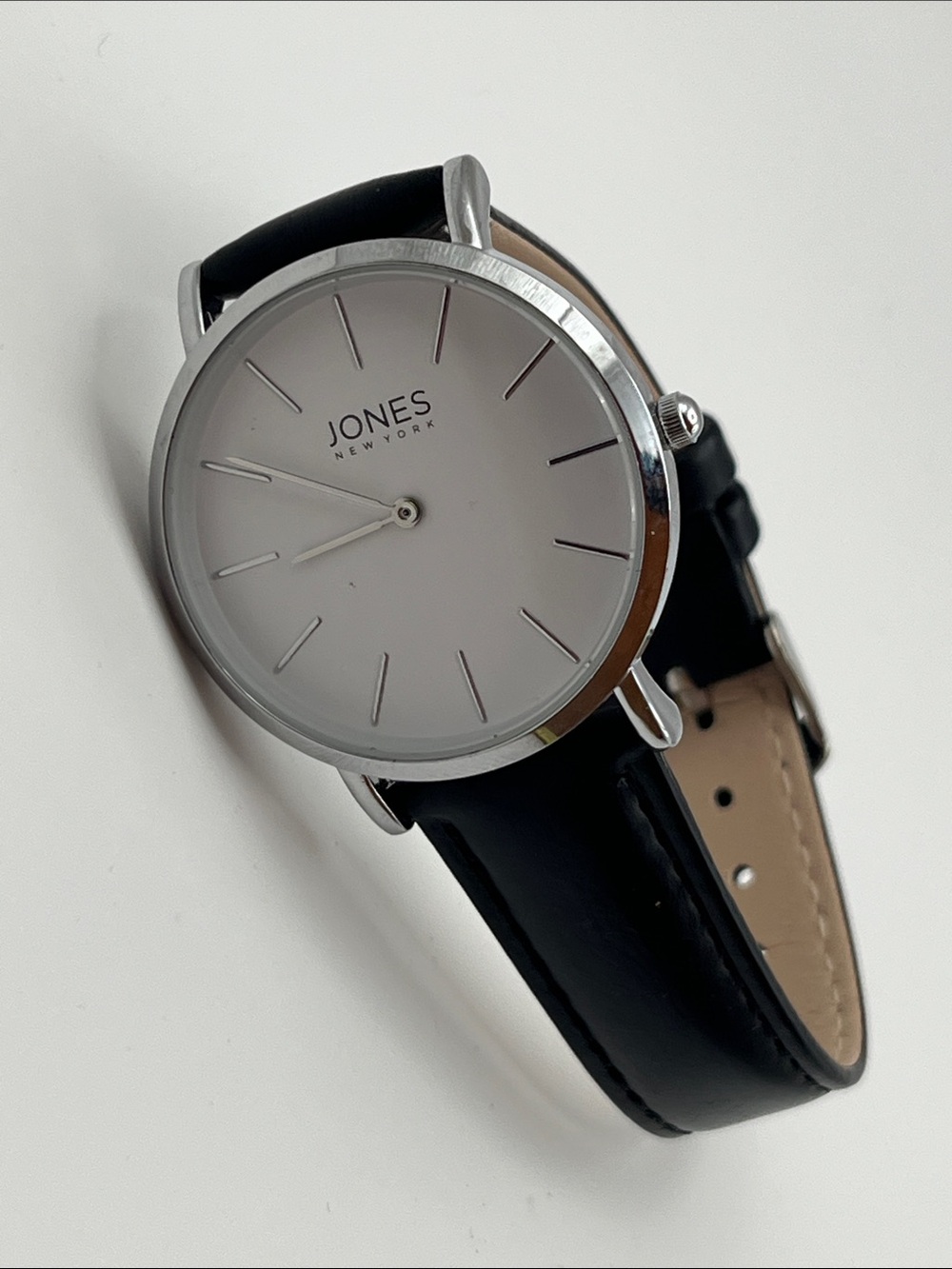 Women’s Jones New York Silver-Tone Dial Watch with Black Leather Band